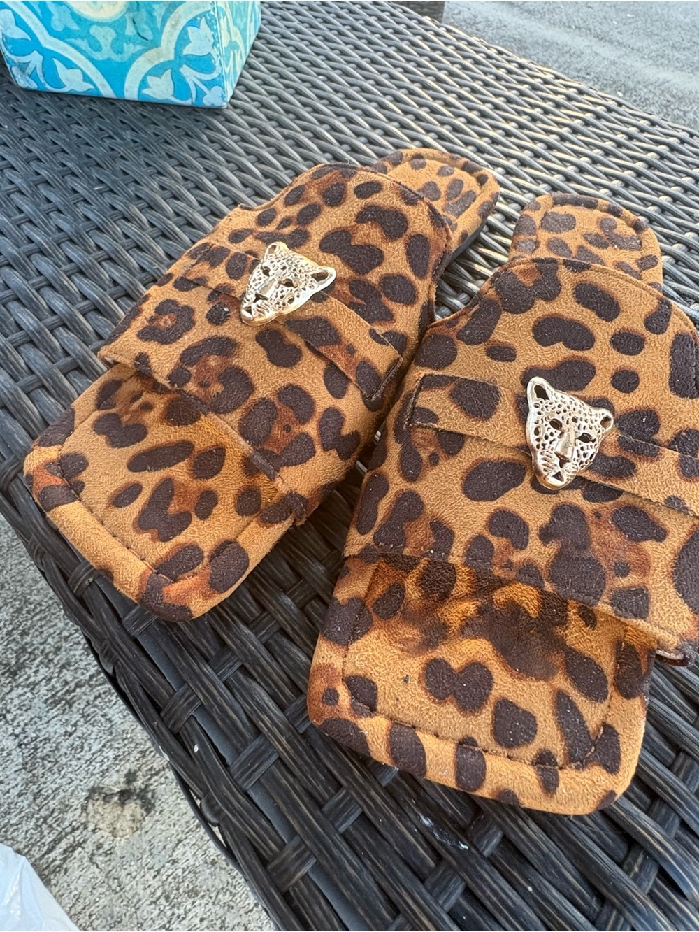 Leopard Print Slide Sandals with Gold Accent